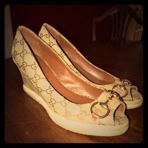 Authentic Gucci Canvas ‘Charlotte’ Peep Toe Wedges